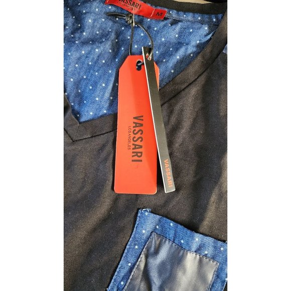 Vassari Los Angeles Men's Med Black V-Neck Designer Shirt Rare Blue Faux Leather - Picture 15 of 15